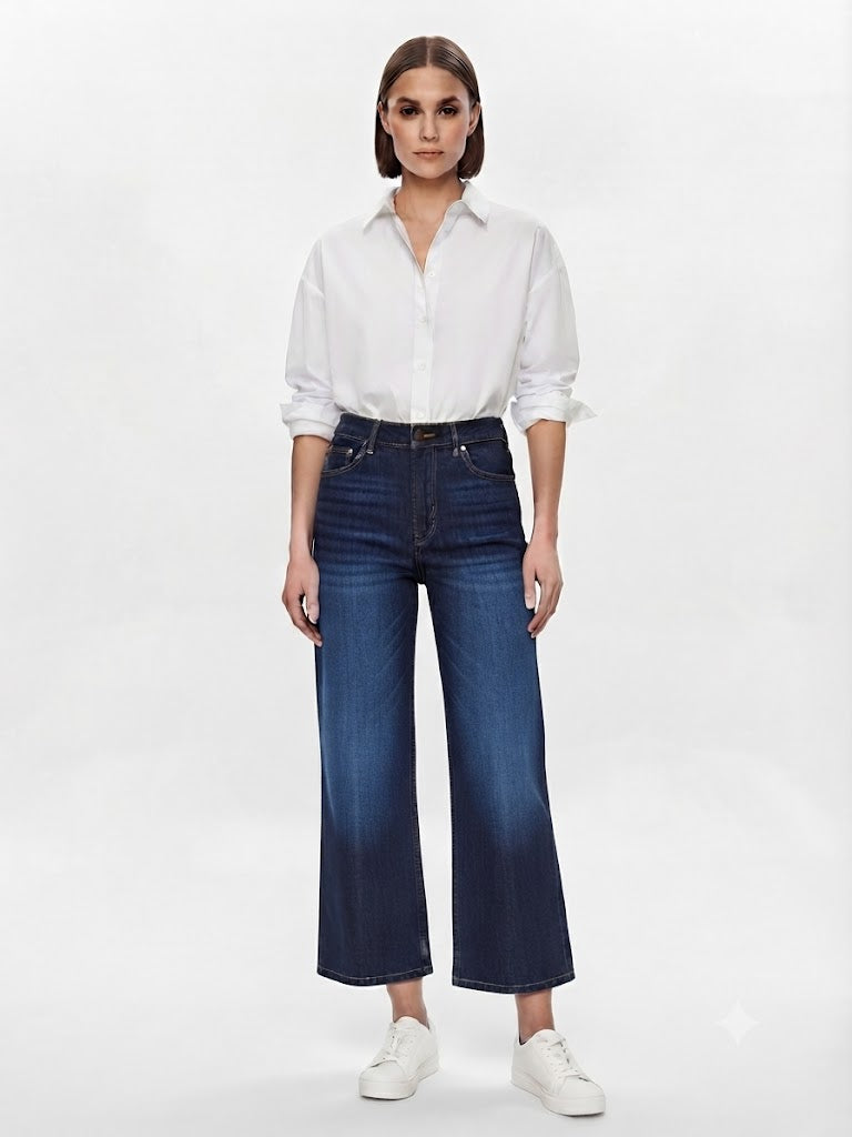 Wide Leg Cropped Mid Rise Indigo