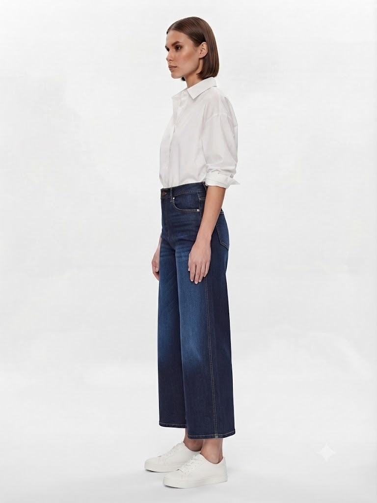 Wide Leg Cropped Mid Rise Indigo